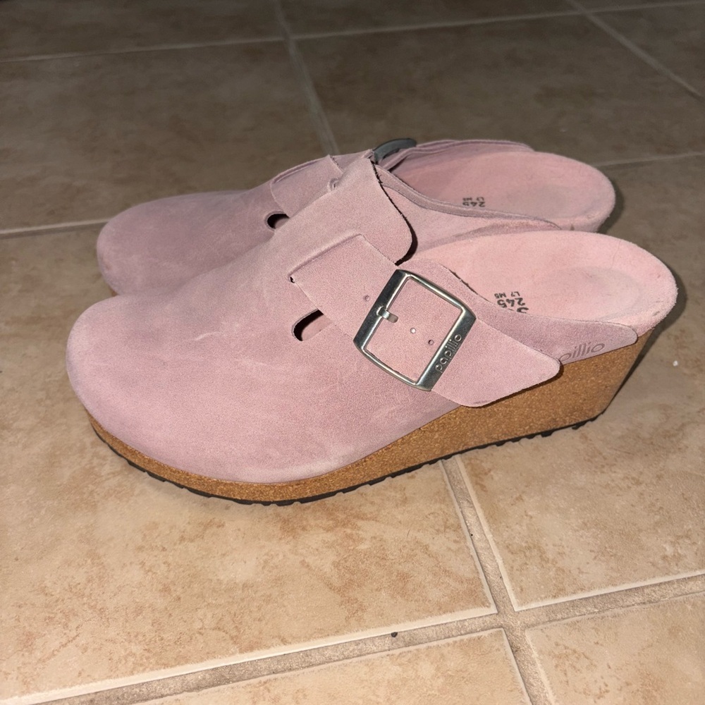 Birkenstock Pink Suede Wedge Loafers